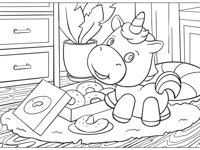 Online coloring book: A unicorn is guarding the donuts coloring page